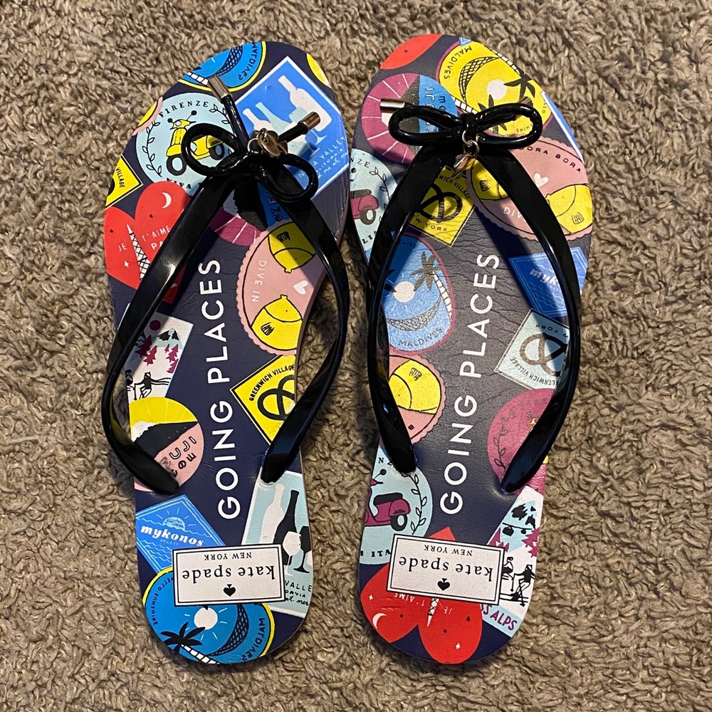 kate spade Multicolor Travel Badge Flip Flops with Black Bow